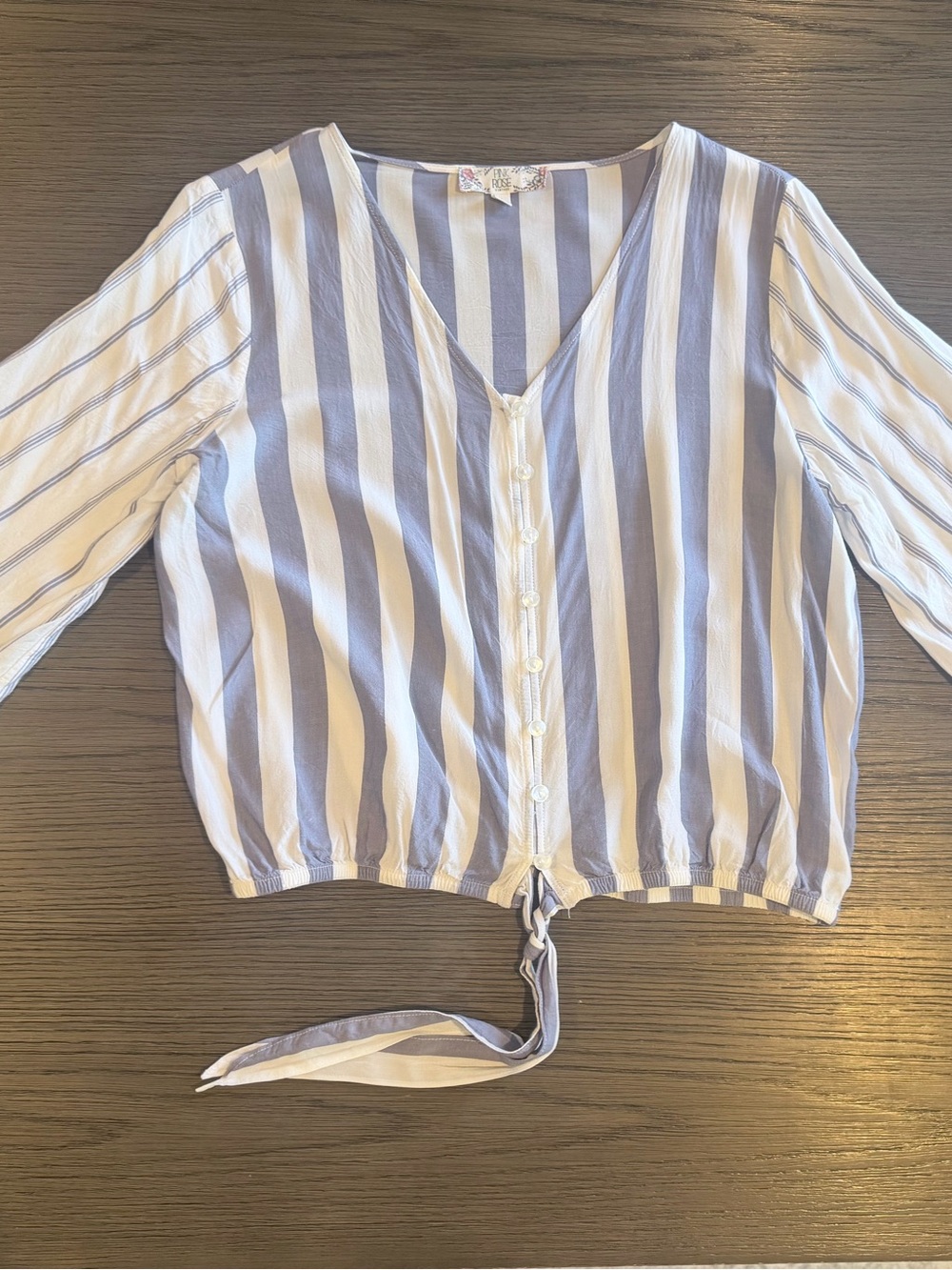 Pink Rose Blue and White Striped V-Neck Button Front Blouse